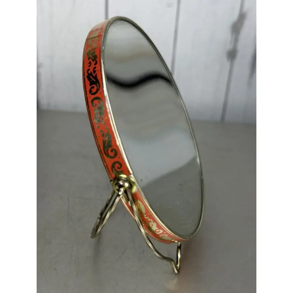 Vintage Mirror Table Top Floral Coral Metallic Edge Double Sided Hollywood Glam